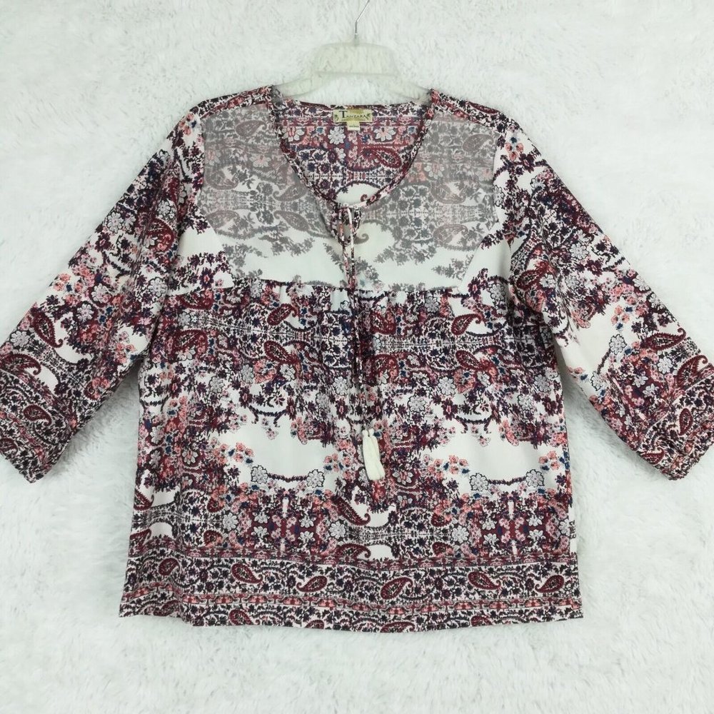 Tanzara Womens Blouse Paisley Print Mesh Overlay White 3/4 Sleeve Tie Neck L‎